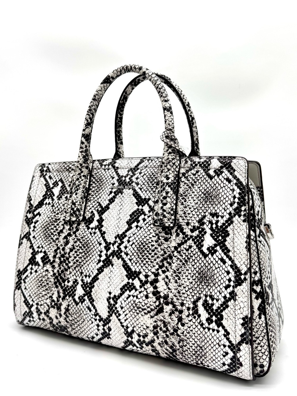 Michael Kors Laila Medium Snakeskin Leather Satchel Bag-Aluminum